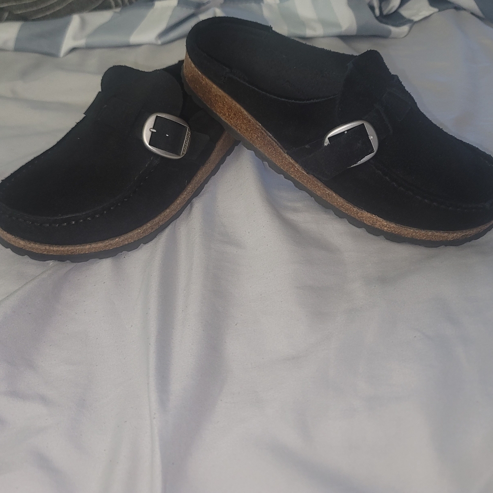 Birkenstock Black Suede Clogs with Silver Buckle
